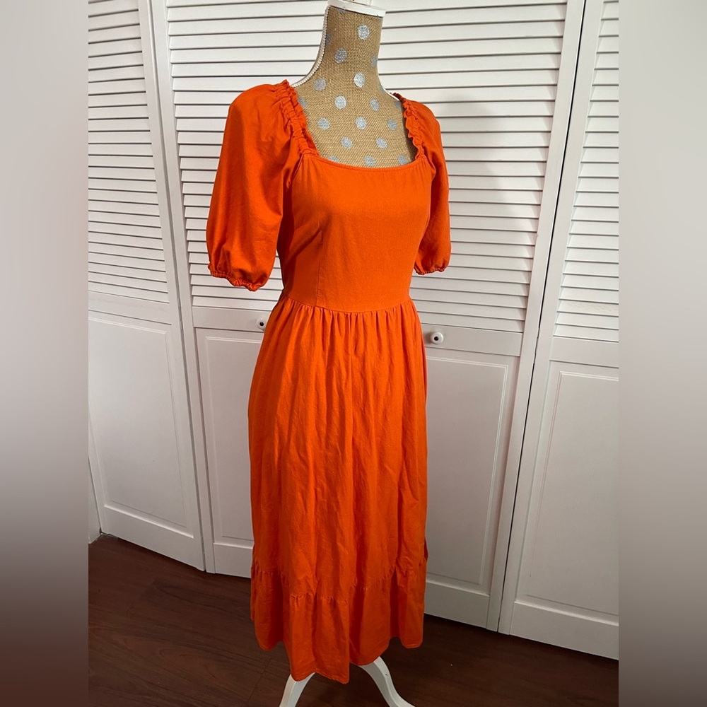 Who What Wear orange dress linen summer ruffle sleeve tight back